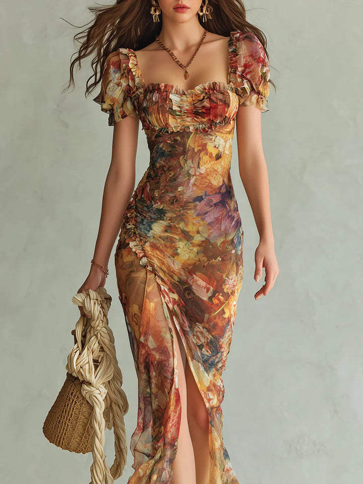 Casual women's floral boho maxi dress with a charming ruffle sweetheart neckline for comfort.