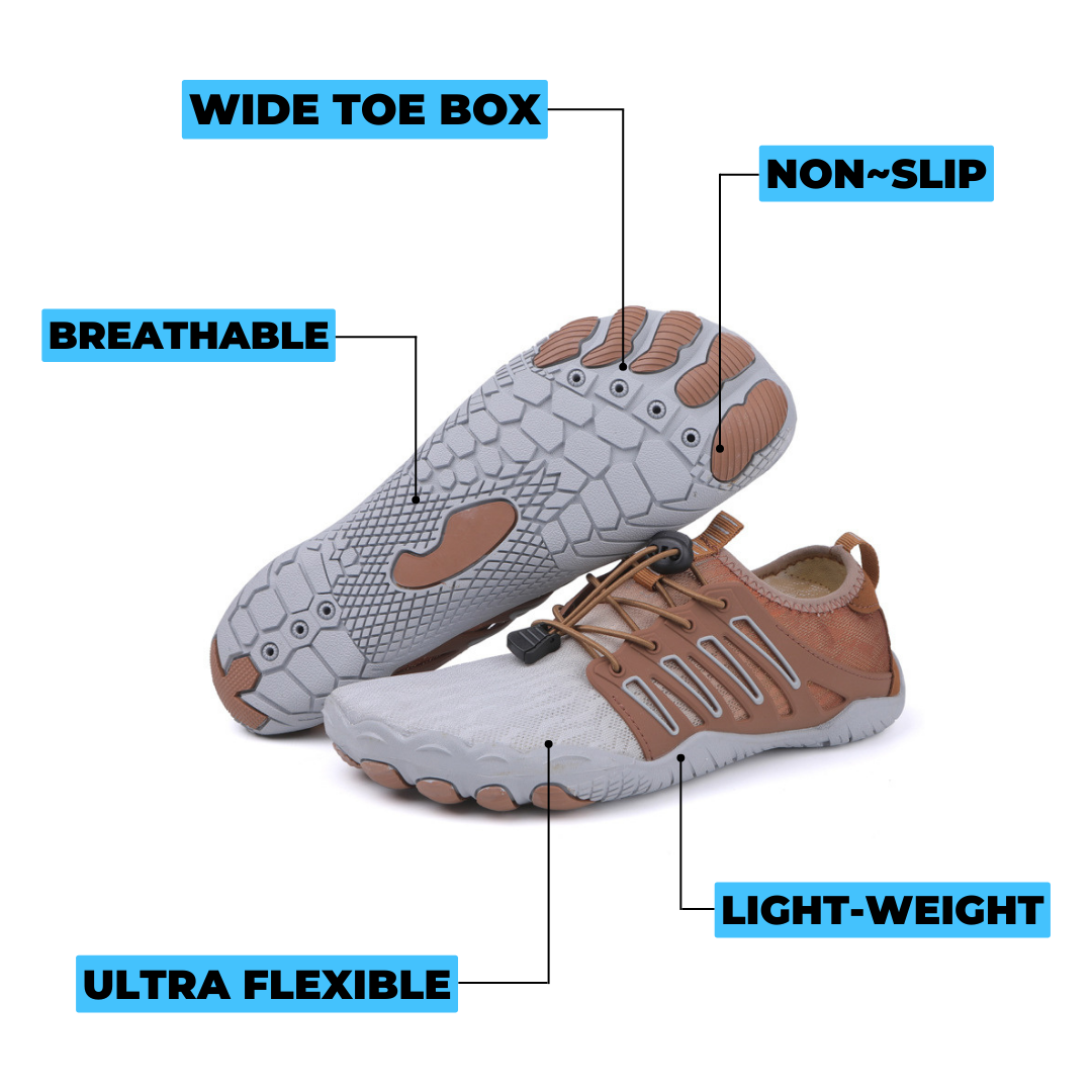 Studio shot: Women's athletic barefoot shoes, emphasizing natural movement, flexible & breathable design.