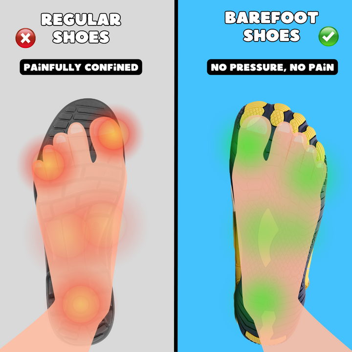 Pair of women's lightweight barefoot athletic shoes, ready for natural movement & versatile sports.