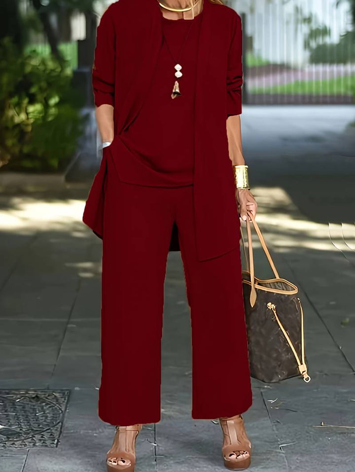 Women's breezy wide-leg 3-piece trouser set with cardigan and sleeveless top, perfect for summer casual wear.