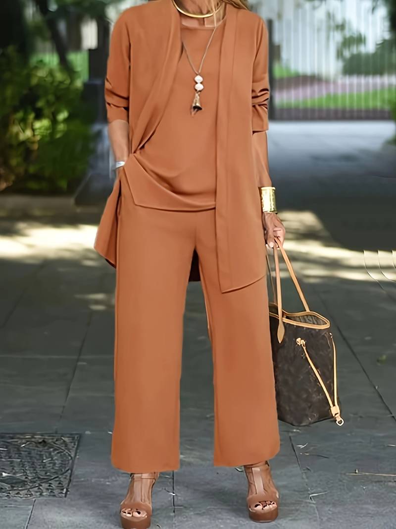 Comfortable women's relaxed fit wide-leg trouser set, including a matching cardigan and sleeveless top for summer.