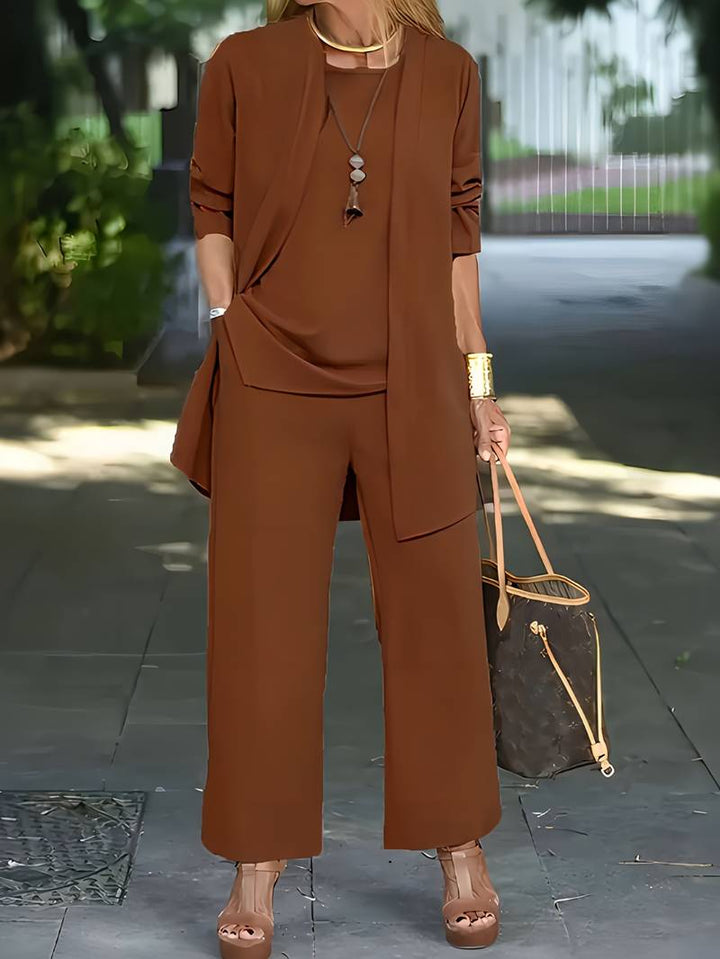 Versatile women's 3-piece wide-leg trouser set, ideal for relaxed summer outfits, includes top & cardigan.