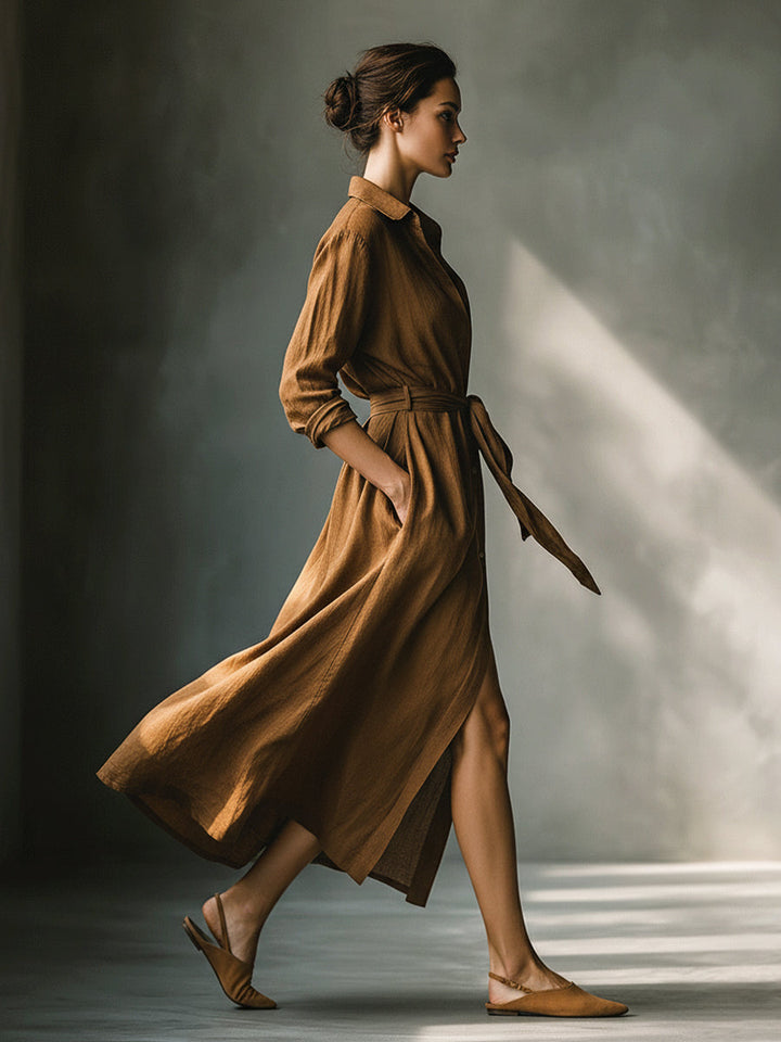 Casual women's brown V-neck shirt dress. Long sleeves & tie waist for a comfortable, versatile autumn maxi look.