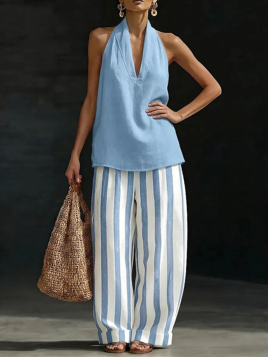 Women's casual halter top & high-waist wide leg pants matching set. Relaxed two-piece summer outfit.