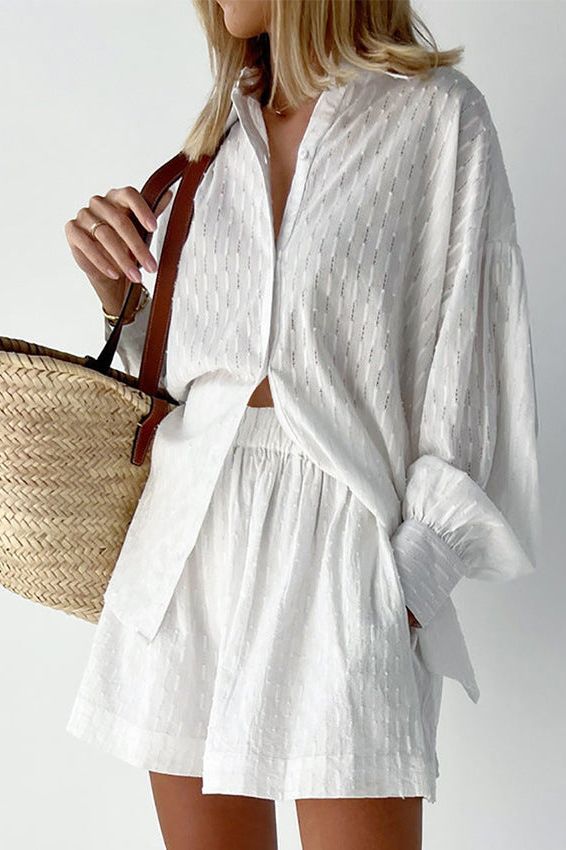 Women's casual shirt & short set for summer. Relaxed fit, comfortable two-piece outfit.