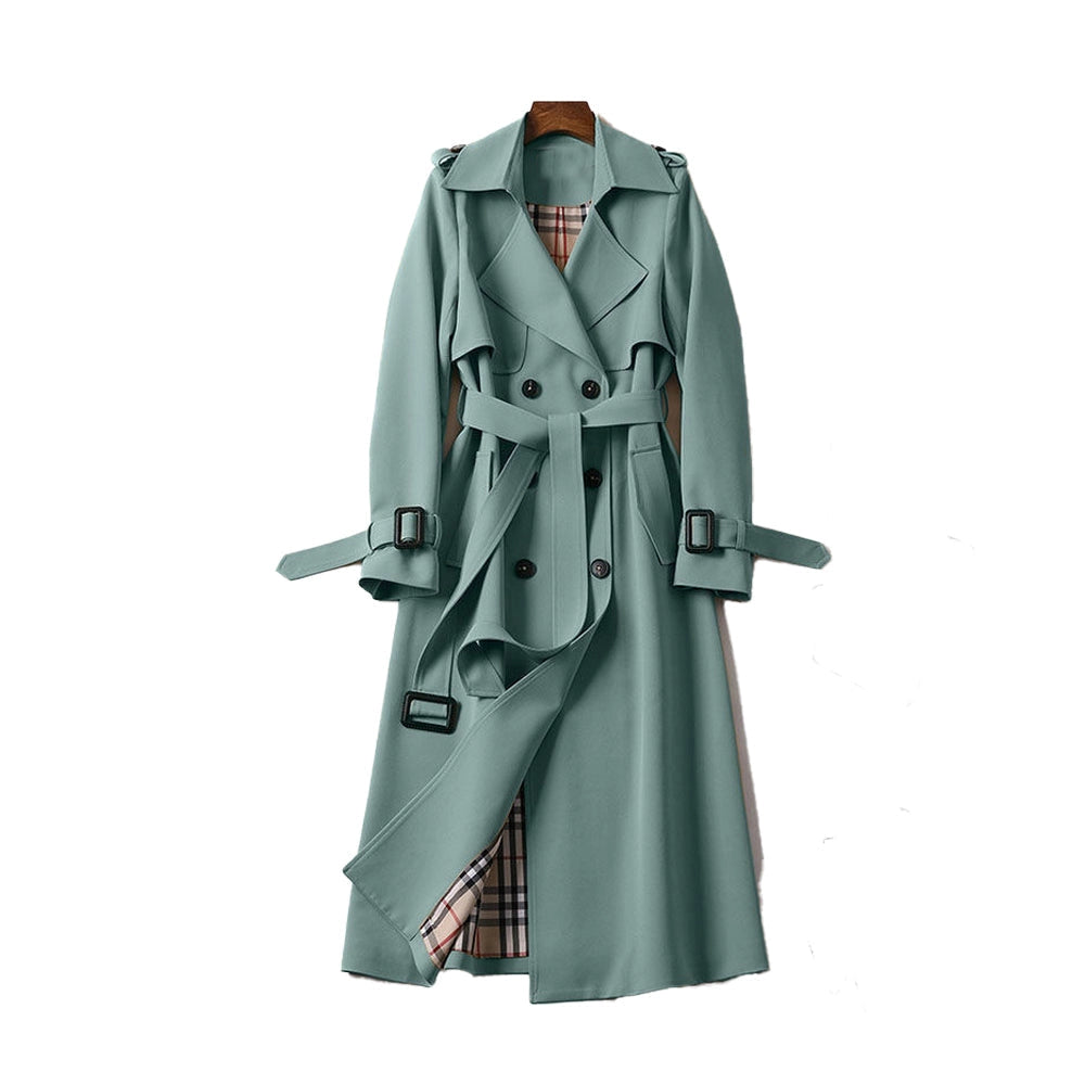 Fashionable women's beige trench coat, a versatile double-breasted long jacket.