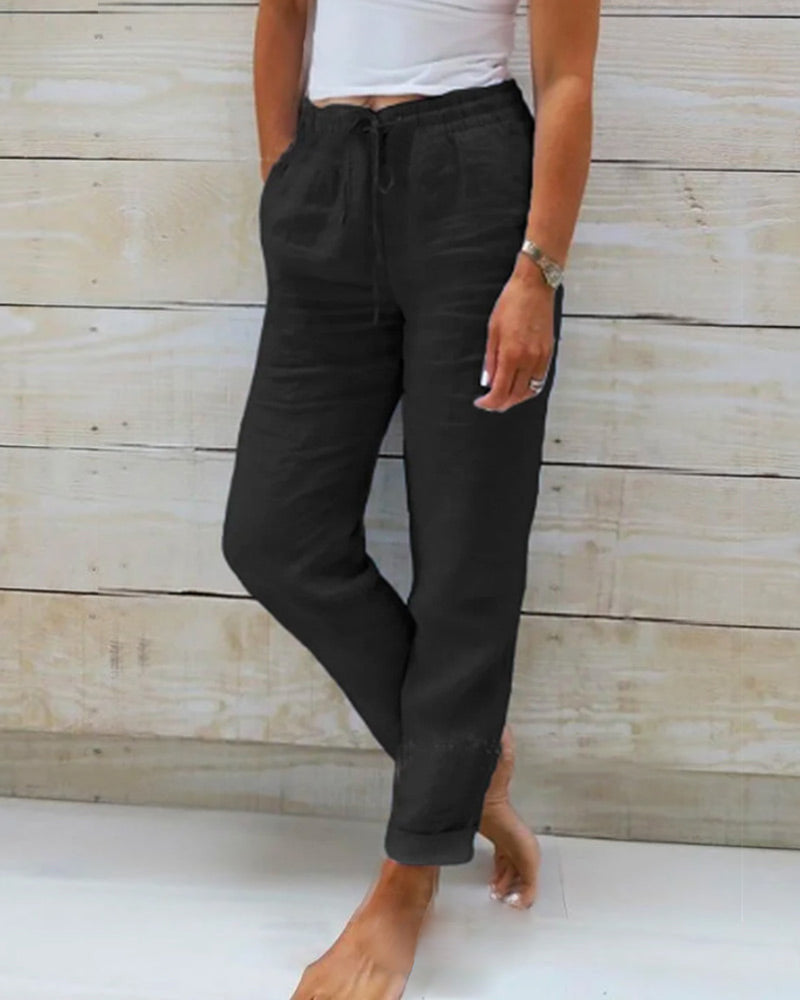 Lightweight summer straight leg pants for women, adjustable drawstring, elastic waist, offering ultimate warm weather comfort.
