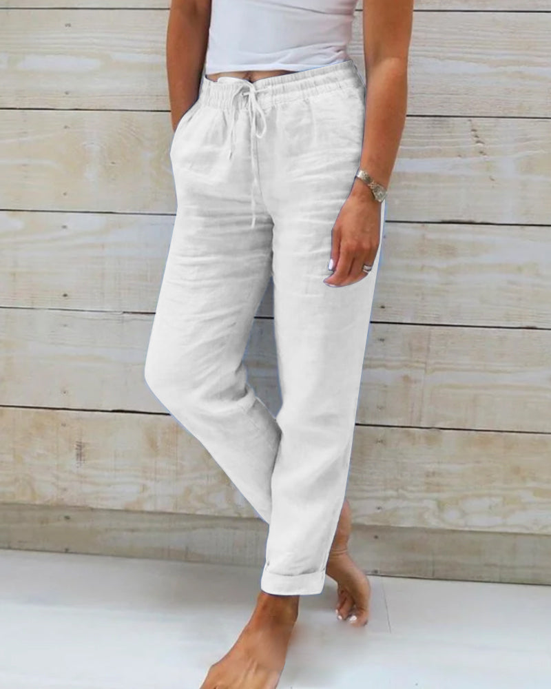Stylish women's straight leg drawstring pants, relaxed fit, ankle length, great for versatile everyday and summer wear.