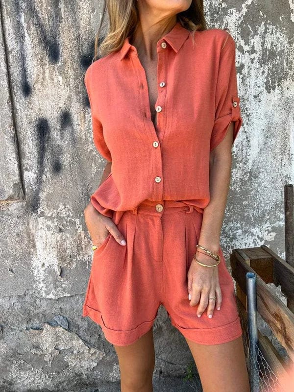 Women's casual summer shorts & top set; a comfortable, relaxed fit two-piece perfect for warm weather.