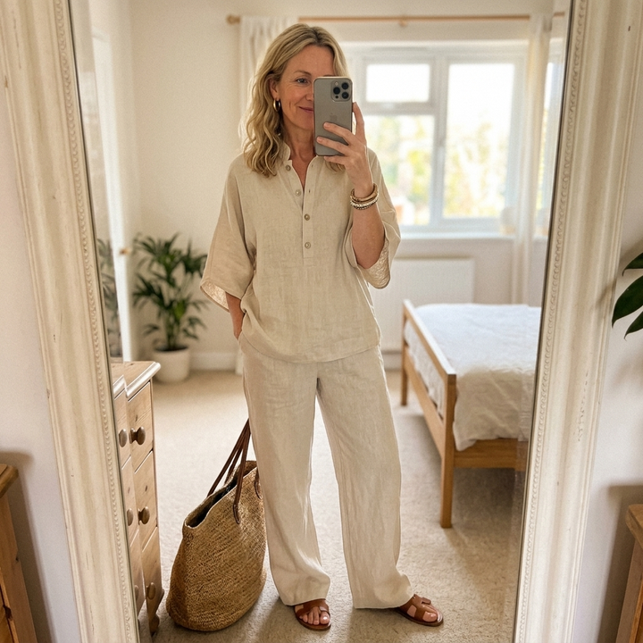 Women's sophisticated two-piece set: mandarin collar top & flowy wide-leg trousers. Summer style.