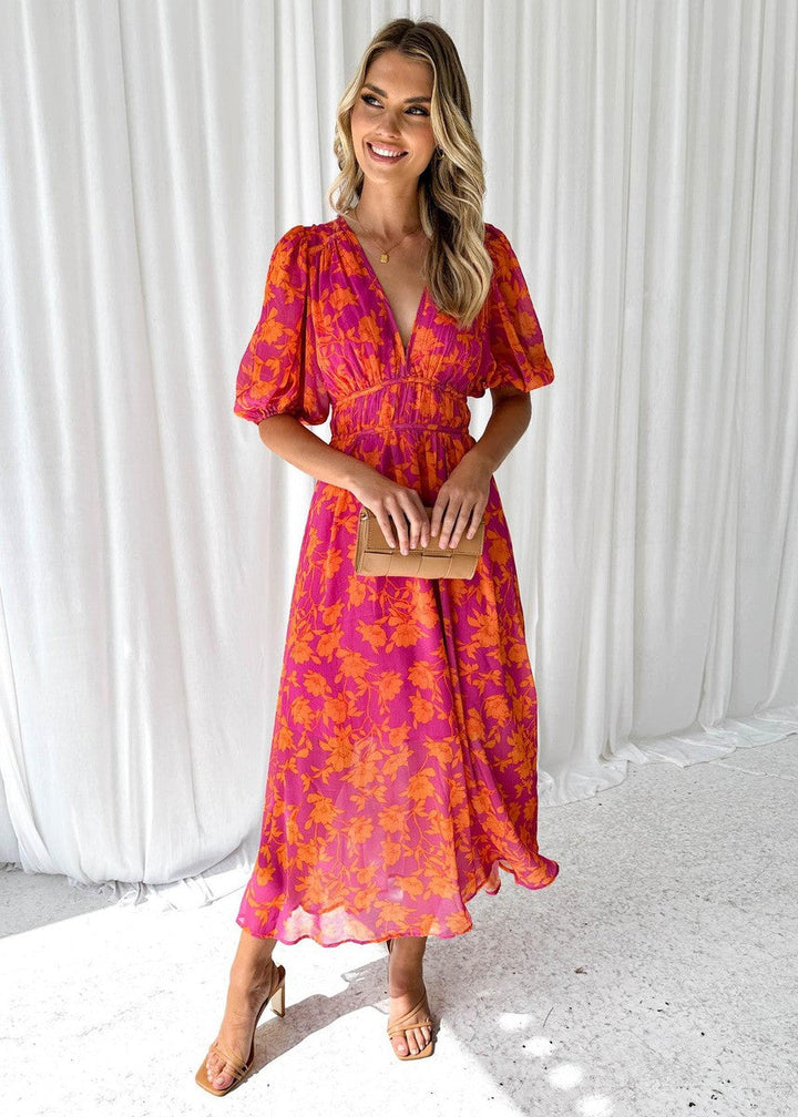 Orange floral midi wrap dress with puff sleeves for women, ideal elegant party or summer wedding guest attire.