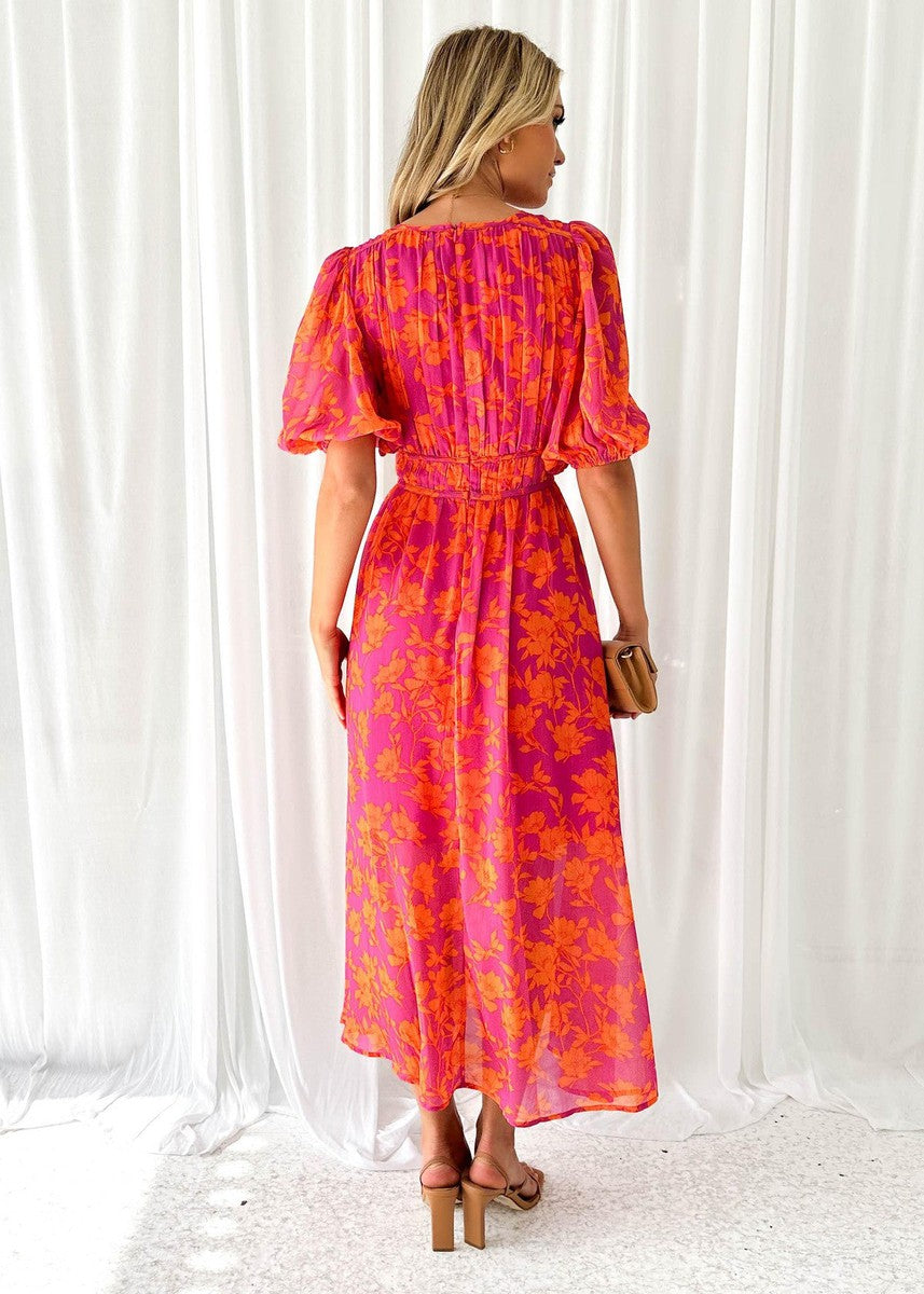 Vibrant floral midi wrap dress for women, an elegant choice for spring/summer wedding guests & special occasions.