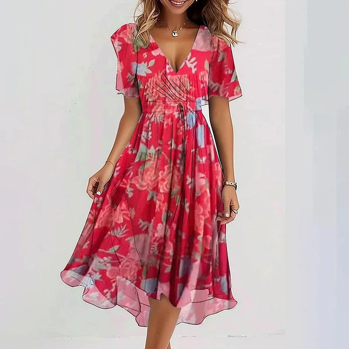 Casual women's wrap midi dress, V-neck, flutter sleeves. Feminine floral design for summer vacation.