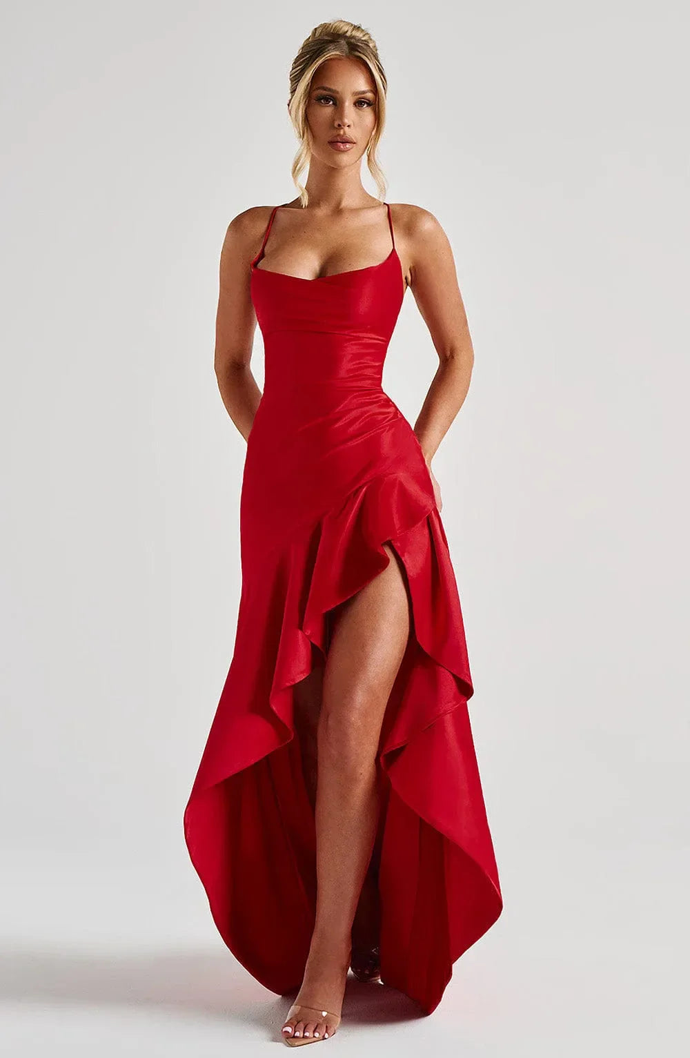 Beautiful draped neckline maxi dress with a sexy high slit, perfect for special occasions.