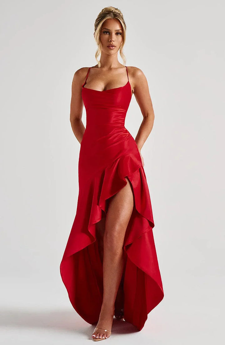 Beautiful draped neckline maxi dress with a sexy high slit, perfect for special occasions.