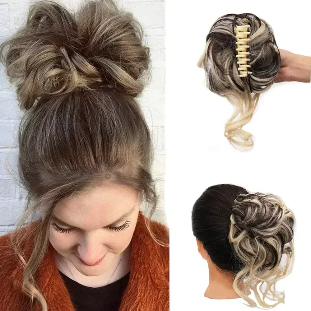 Instant messy bun hair extension with gorgeous curls for a stylish, effortless updo.