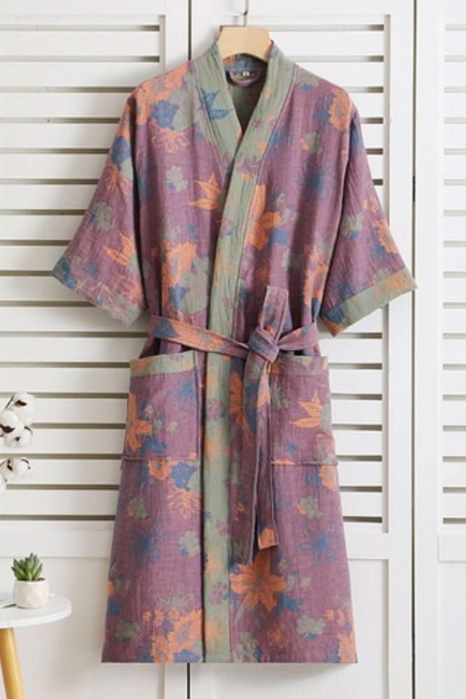 Elegant women's lightweight bathrobe with a colorful retro pattern, perfect for relaxing at home.