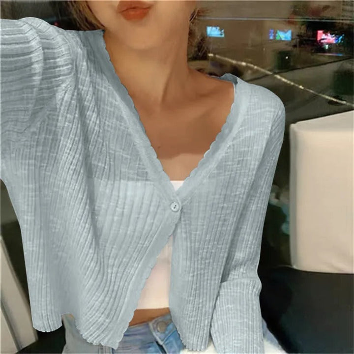Women's lightweight cropped button cardigan with V-neck, perfect for stylish layering & everyday fashion.