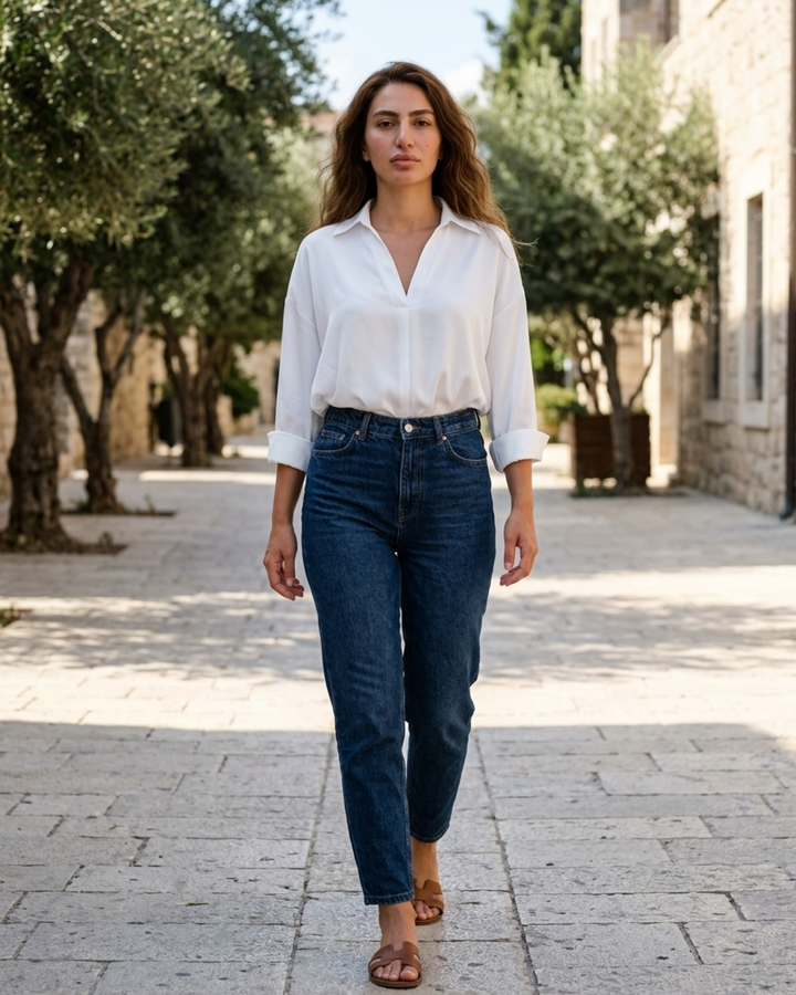 Classic women's long sleeve V-neck collared bodysuit, featuring blouse shirt design. Elegant professional workwear.