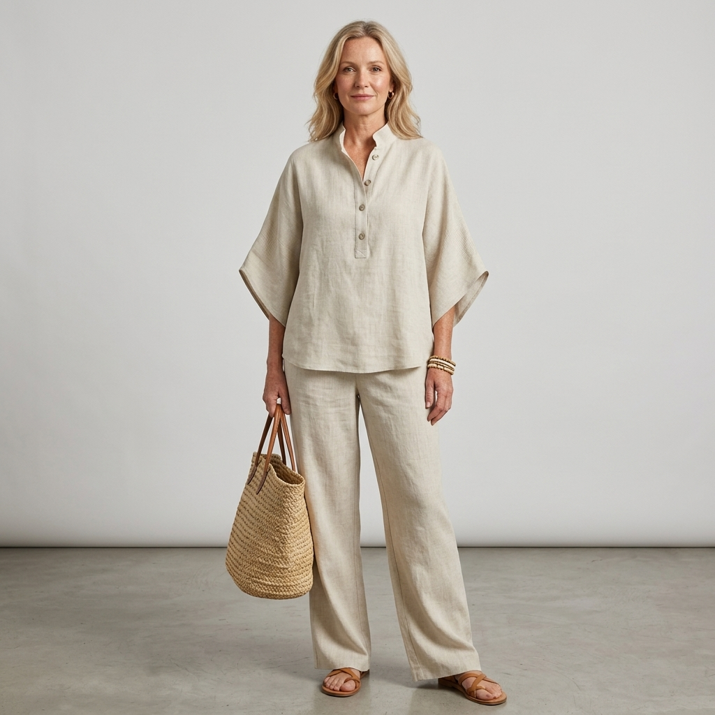 Versatile women's matching set: two-piece outfit with mandarin collar top & wide leg pants.