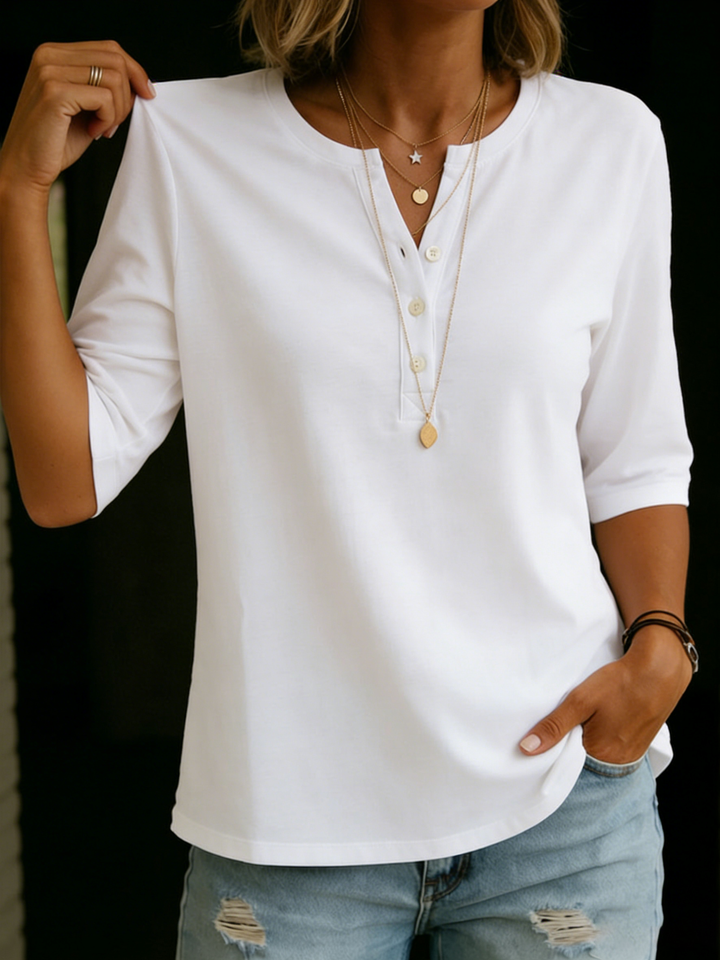 Chic women's loose fit blouse with notch neck & 3/4 sleeves, perfect for versatile casual wear.