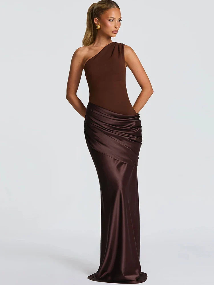 Elegant women's one-shoulder maxi wedding guest dress, perfect for formal occasions and evening parties.
