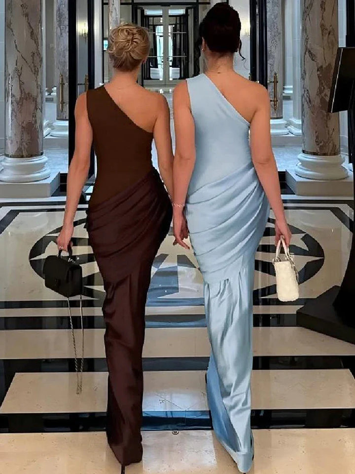 Women's elegant one-shoulder maxi dress, a beautiful party dress or wedding guest outfit for special events.