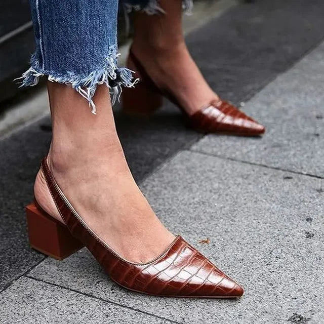 Women's orthopedic croco slingback heels, comfortable with a chunky heel, perfect for work attire.