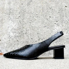 Stylish women's croco embossed chunky heel slingbacks, orthopedic comfort for dress, work, or casual.