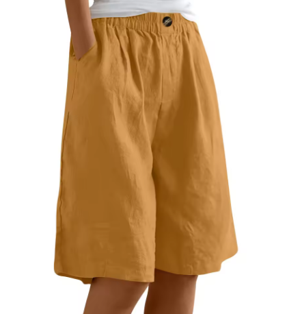 Women's casual high-waisted Bermuda shorts. Relaxed fit, elastic waist for comfortable summer everyday wear.