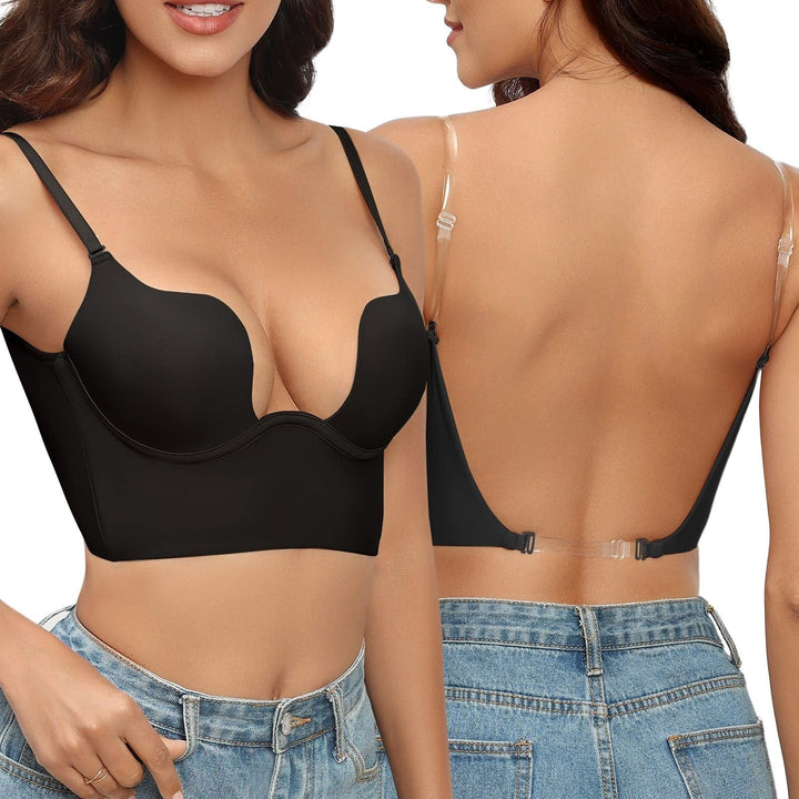 Elegant black seamless low back convertible bra, providing invisible support for stylish backless gowns and tops.