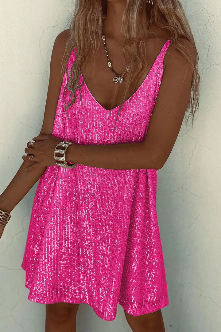 Elegant sequin mini dress for women with a flattering V-neck, perfect for prom night or parties.