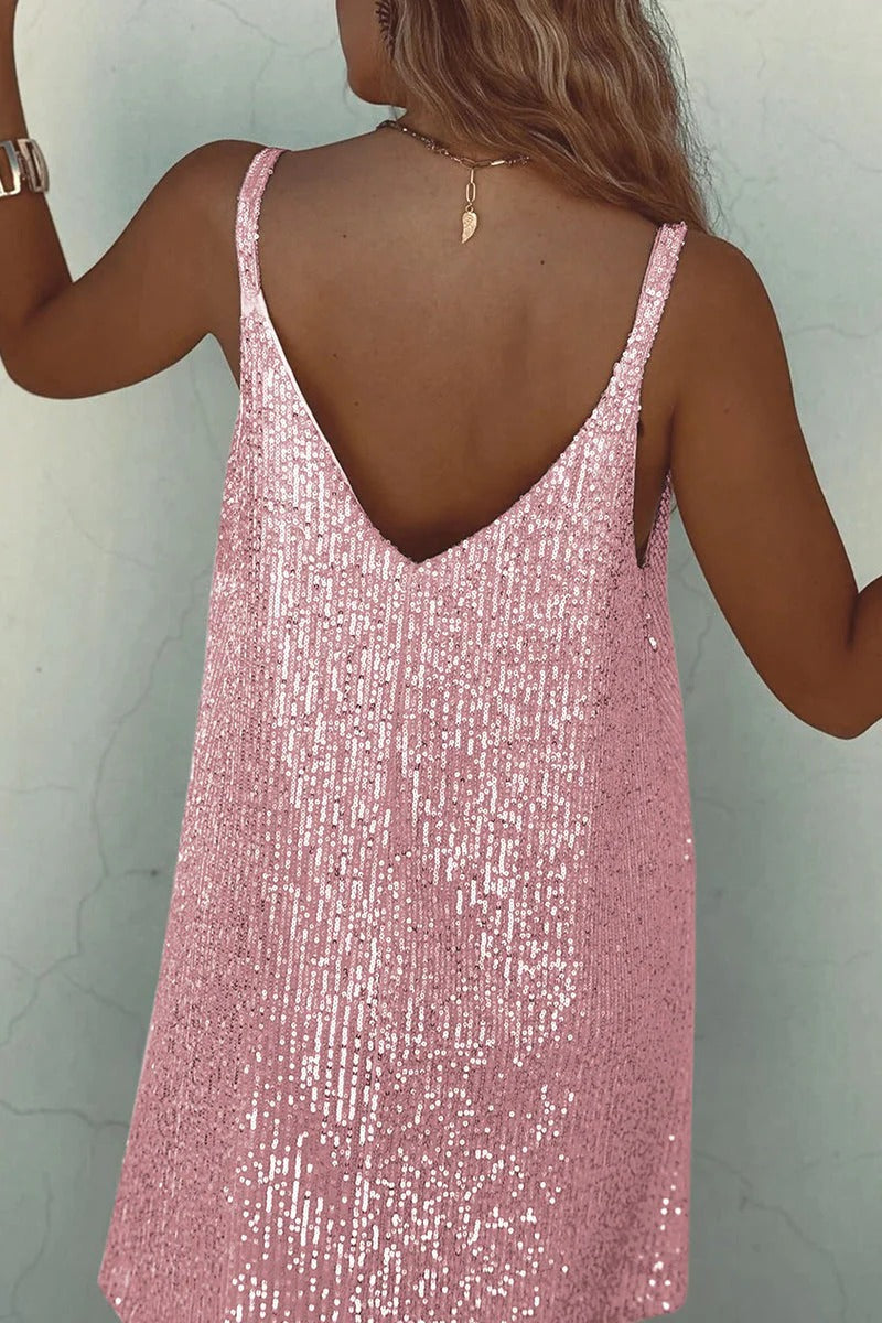 Dazzling women's mini sequin dress, sleeveless, flared hem, perfect for prom, party, or cocktail.