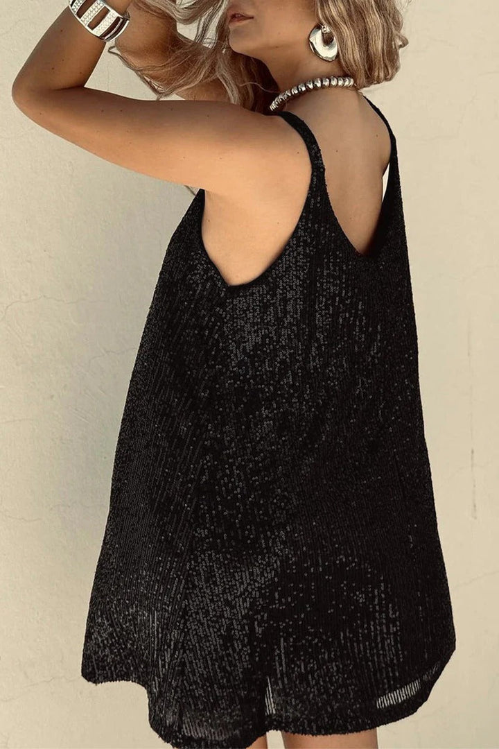 Women's sparkling V-neck mini dress with sequins, sleeveless design, ideal for prom & parties.