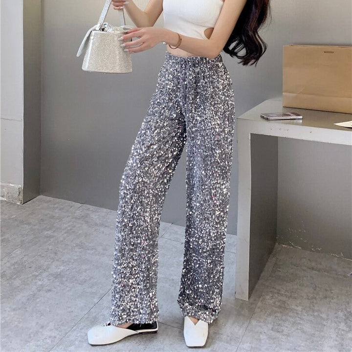Fashionable women's sparkling high-waist pants, designed for a stylish & confident look at any party.
