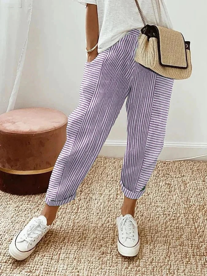Women's comfortable striped pants with elastic waist and relaxed straight leg fit for effortless casual style.