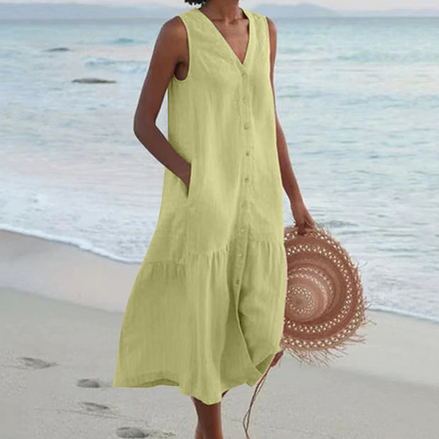 Elegant women's sleeveless V-neck midi dress with a chic button front and playful ruffle hem detail.