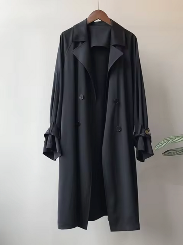 Women's waterproof double-breasted trench coat with classic lapels, elegant fall & spring outerwear.