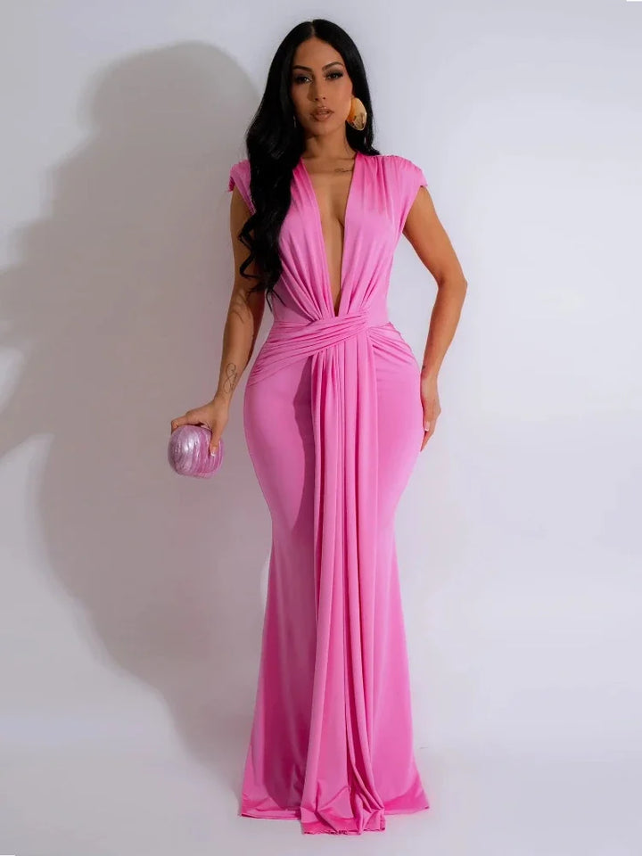 Figure-flattering bodycon maxi dress for women, featuring a deep V-neck and draped design, ideal for formal occasions.