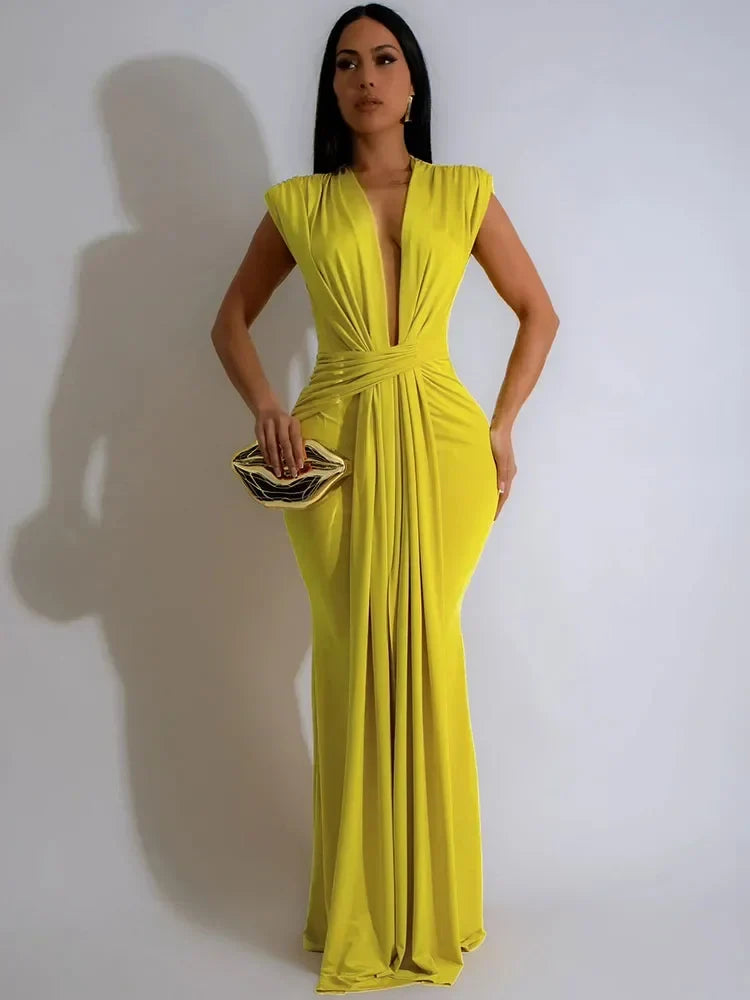 Elegant women's sleeveless maxi dress, deep V-neck with draped detail and side slit, perfect for party & evening.