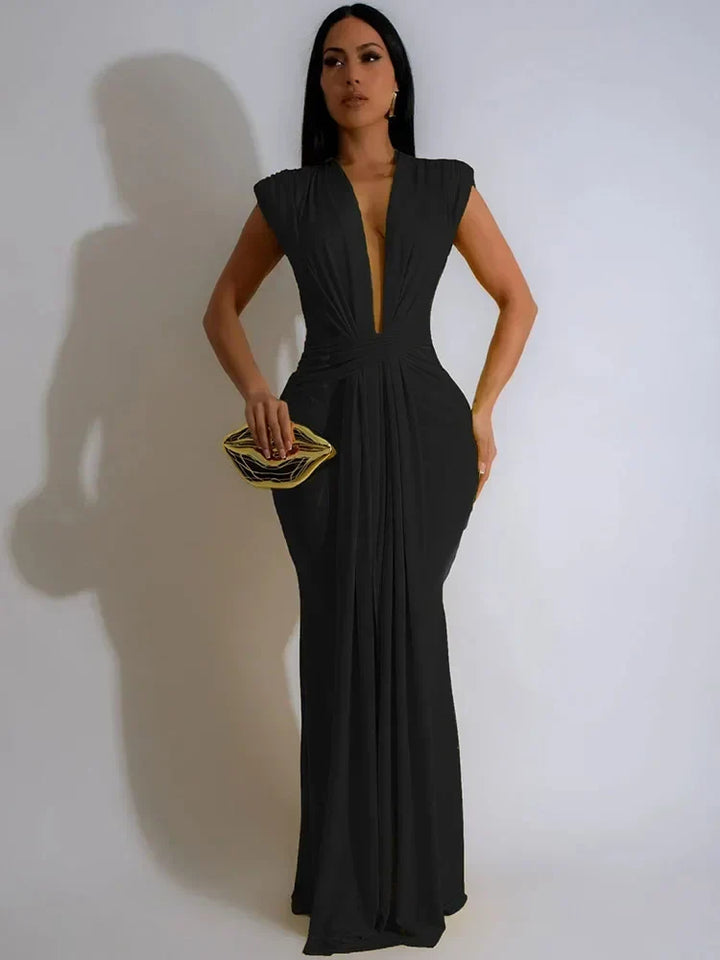 Comfortable sleeveless women's bodycon maxi dress with deep V-neck and elegant draped details for evening events.