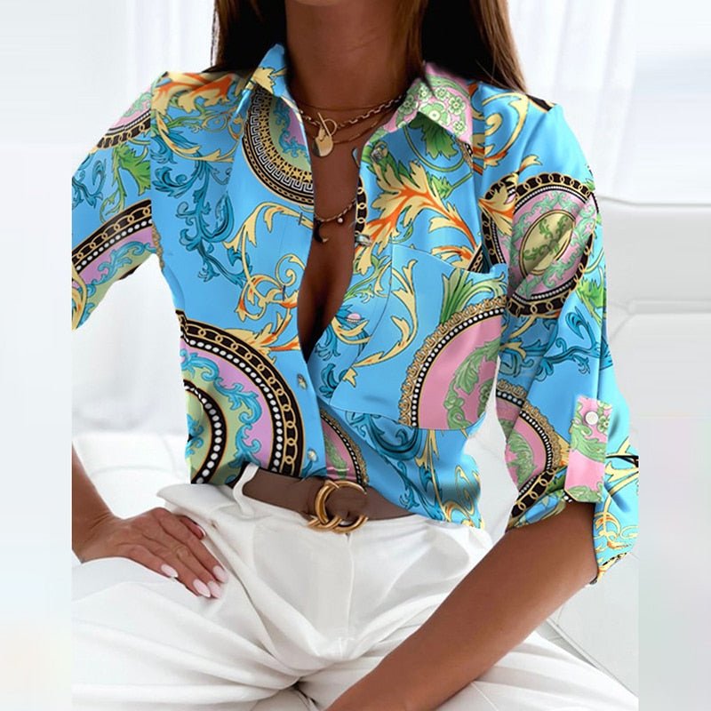 Women's casual printed button-down blouse with long sleeves. A must-have fashion top.