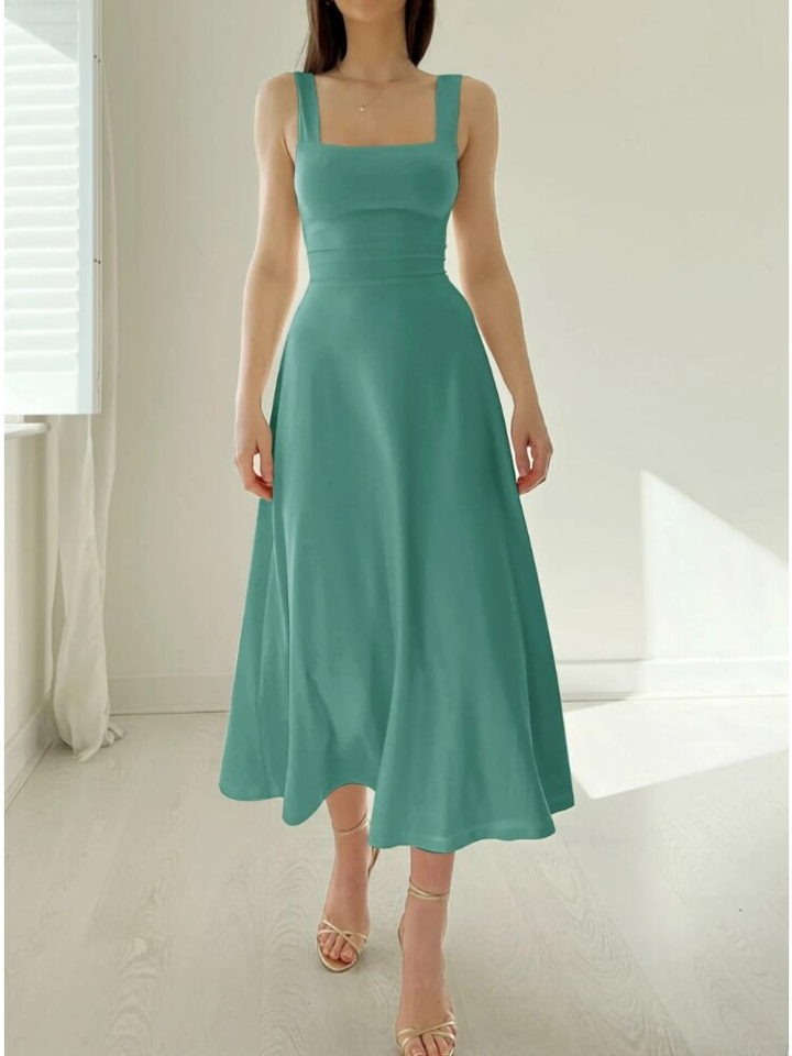 Versatile women's A-line midi dress, an elegant sleeveless party dress with a flowy silhouette.