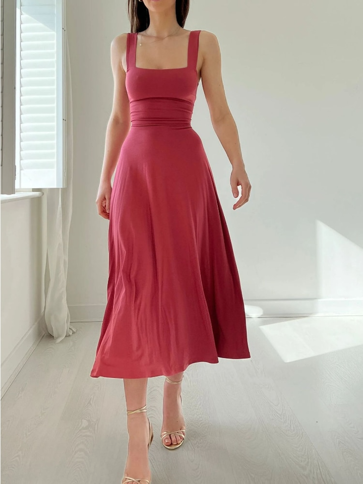 Chic women's flowy A-line midi dress, a comfortable sleeveless summer dress with a square neck.