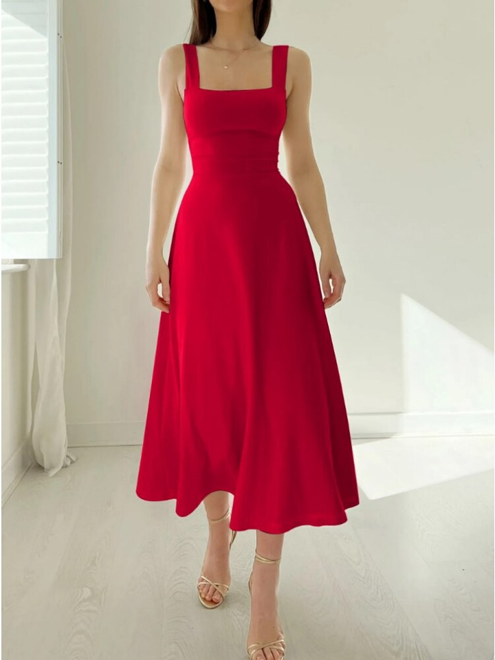 Elegant women's flowy A-line midi dress, a sleeveless summer essential for effortless style.