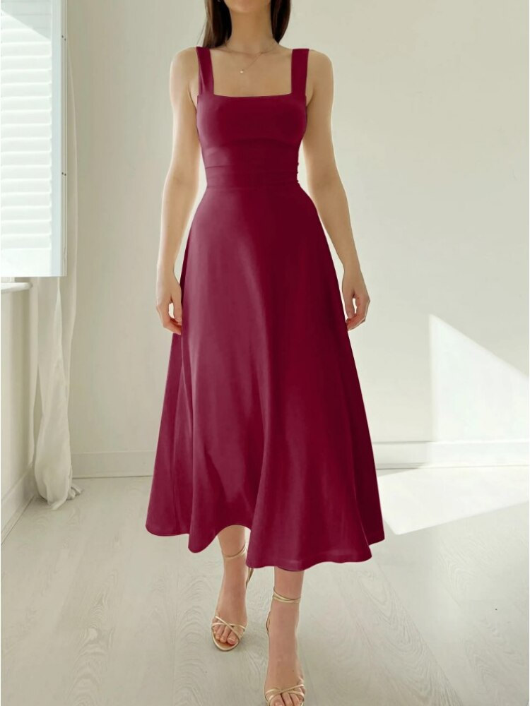 Sleeveless square neck A-line midi dress for women, offering comfortable and elegant flowy style.