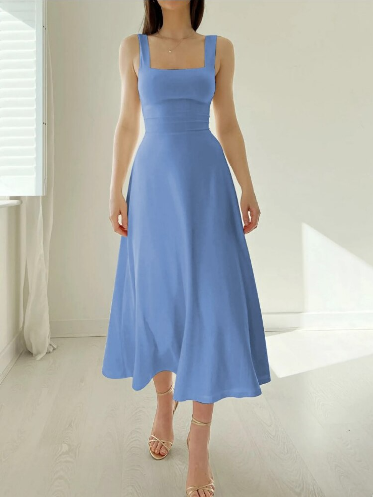 Women's elegant flowy A-line midi dress, a comfortable sleeveless square neck design for any occasion.