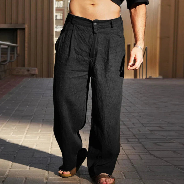 Versatile men's high-waisted pleated wide leg chinos, blending comfort with modern style.