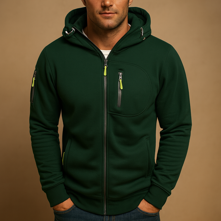 Detail shot of a men's cozy green zip-up sweatshirt with an adjustable drawstring hood, great for layering.