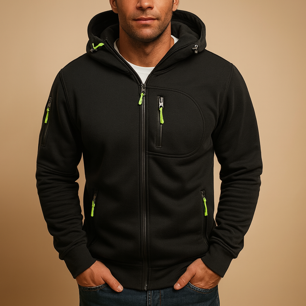 Men's comfortable navy zip-up hoodie with adjustable hood, perfect for everyday style & casual wear.